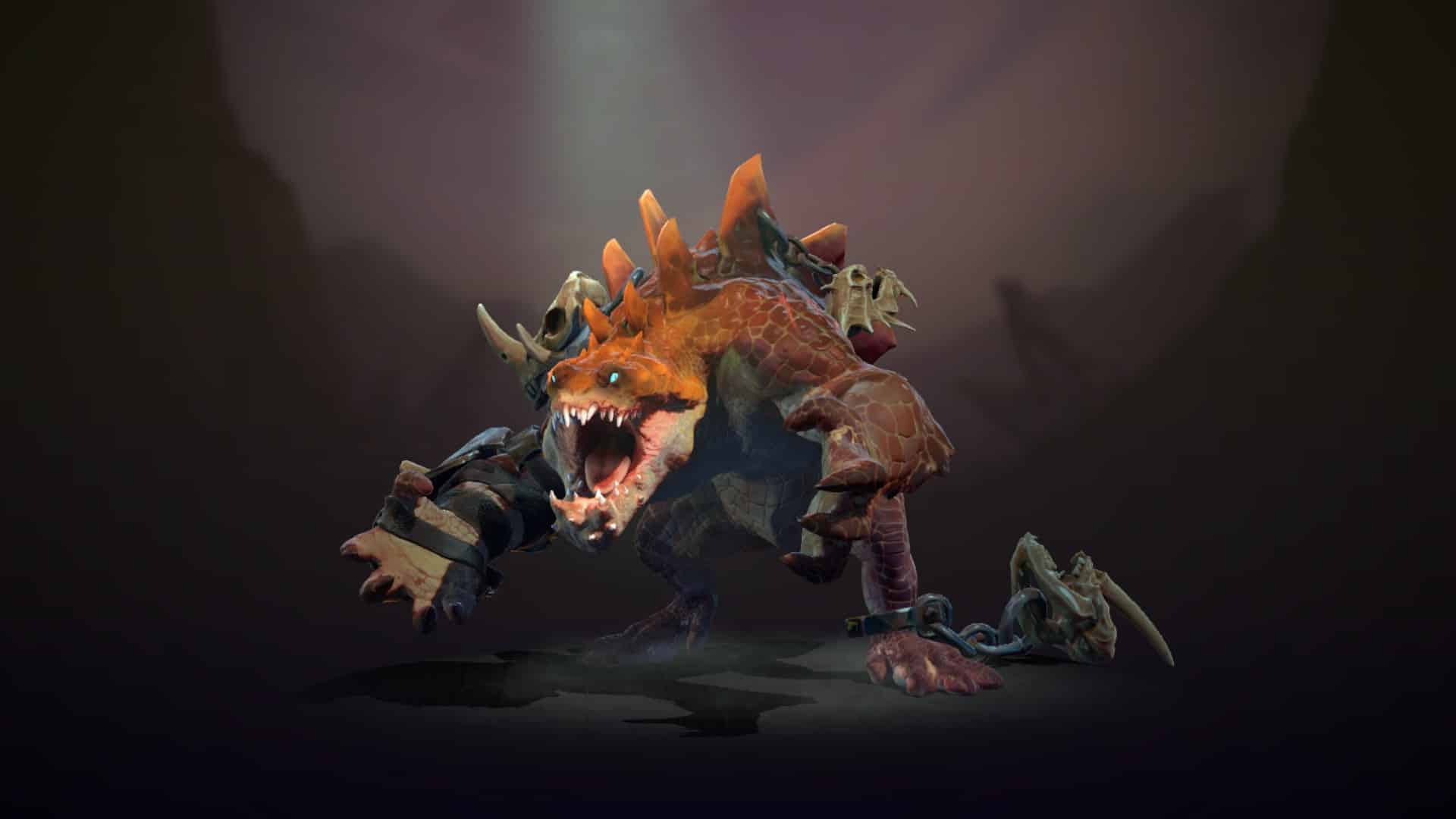 Eine wilde, stachelige rot-orange Kreatur aus Dota 2 mit offenem Mund und scharfen Zähnen streckt ihre große Krallenhand aus