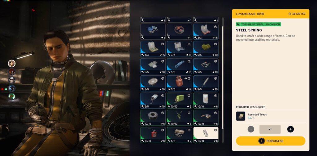 Arc Raiders-Charakter in einer grünen Jacke sitzt in einer Science-Fiction-Umgebung neben einem Handwerksmenü und zeigt verschiedene Gegenstände wie Klebeband und Federn