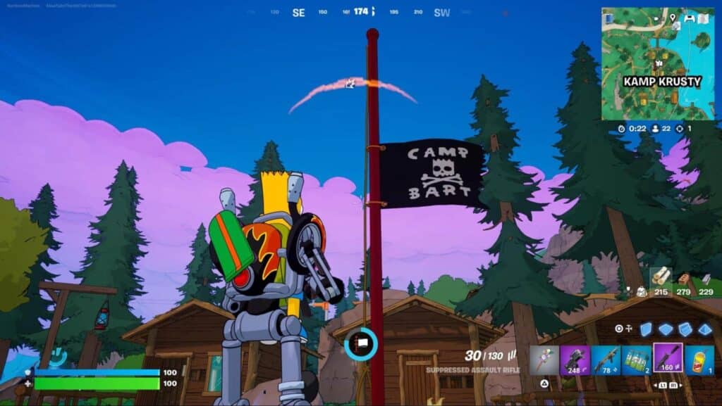 Fortnite x Simsons-Szene mit Bart steht vor einem "Camp Bart" Flagge