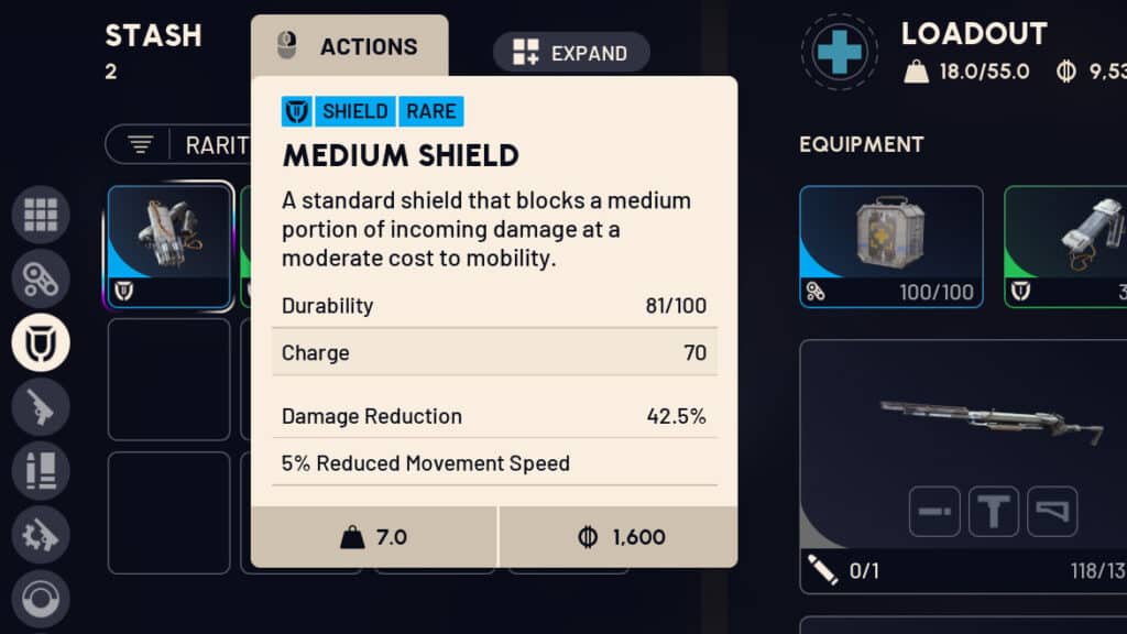 Schermata dell'inventario di Arc Raiders che mostra i dettagli di uno scudo medio