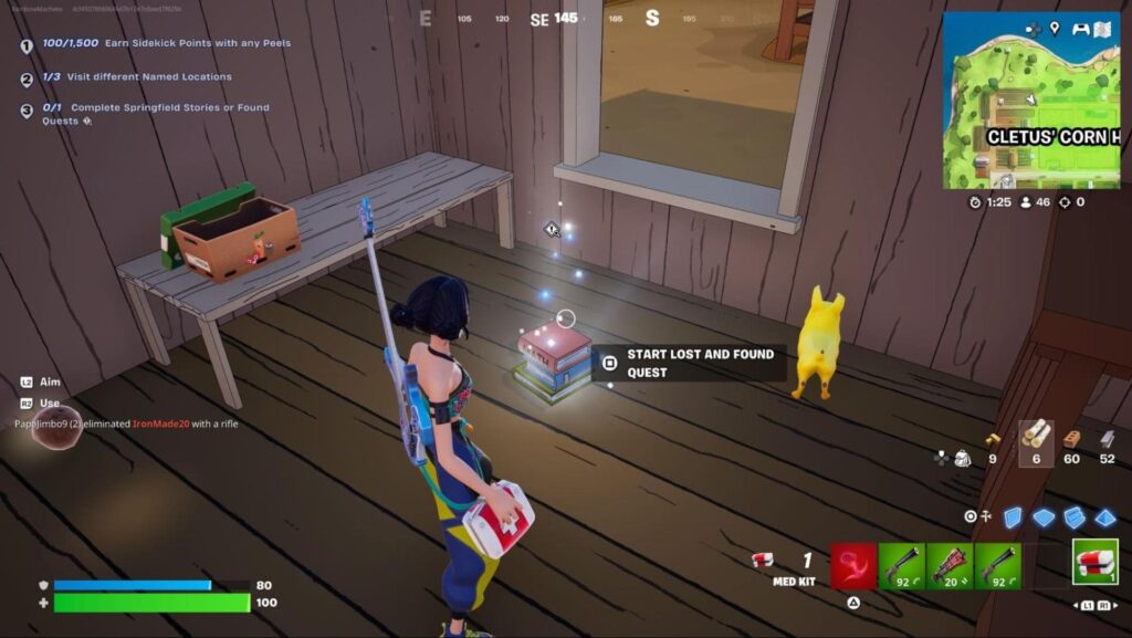 Fortnite character stands in a wooden room beside a glowing quest box labeled "Start Lost and Found Quest"