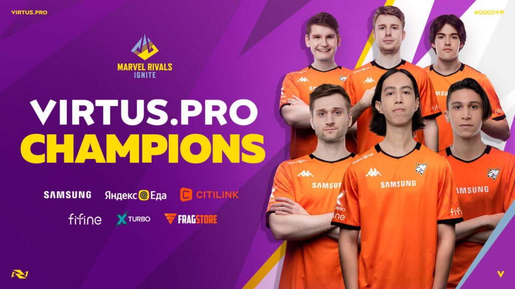 Grafica del roster Virtus.pro Marvel Rivals per la vittoria delle Ignite Grand Finals con la formazione dei giocatori