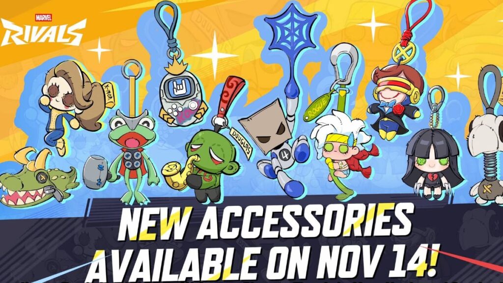 Colorful Marvel Rivals keychain characters are displayed against an orange and blue background. Bold text reads, "New accessories available on Nov 14!"