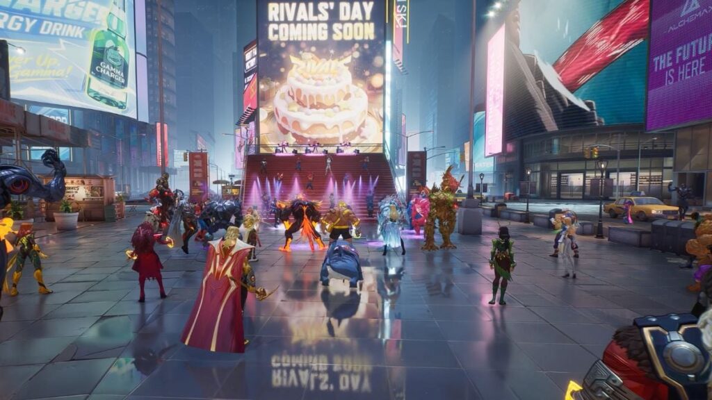 Marvel Rivals scene in a futuristic city square features various characters