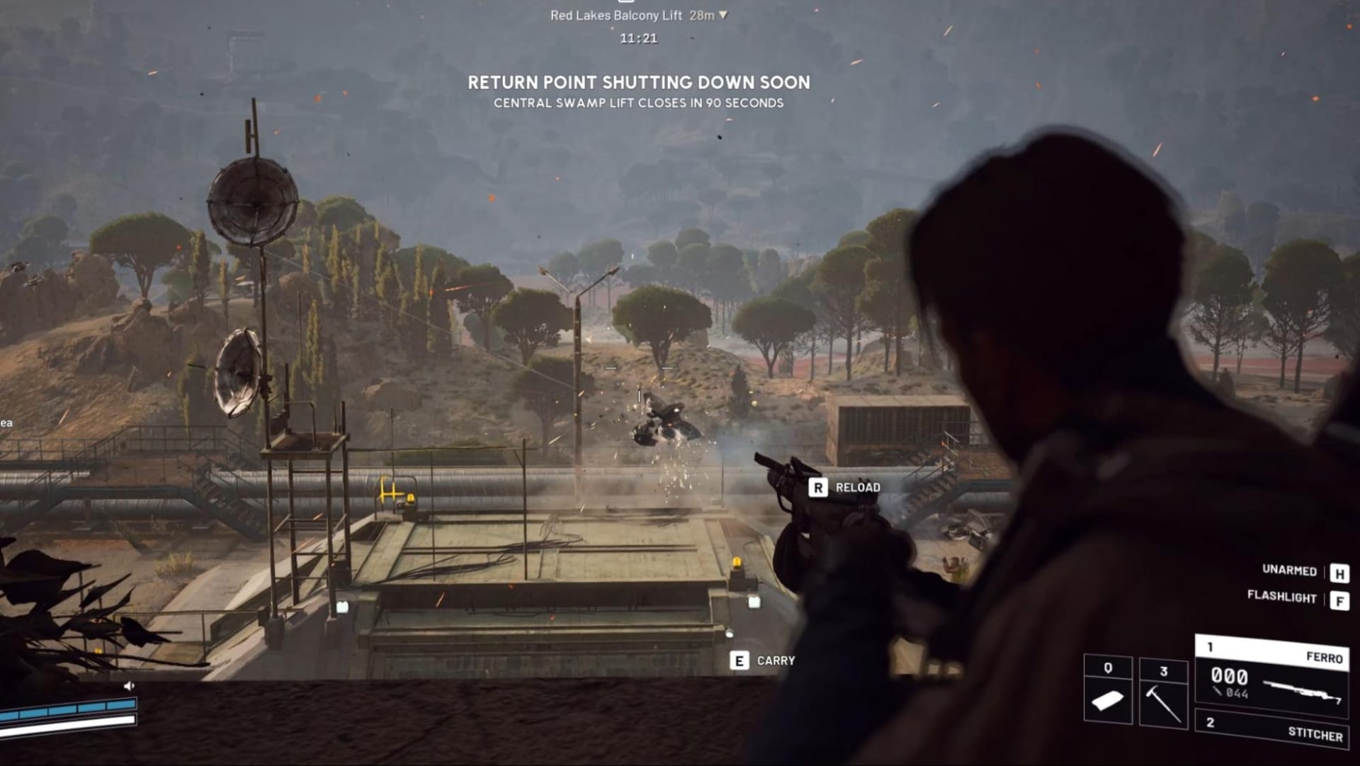 A person aims a weapon at a distant drone in a post-apocalyptic landscape in Arc Raiders