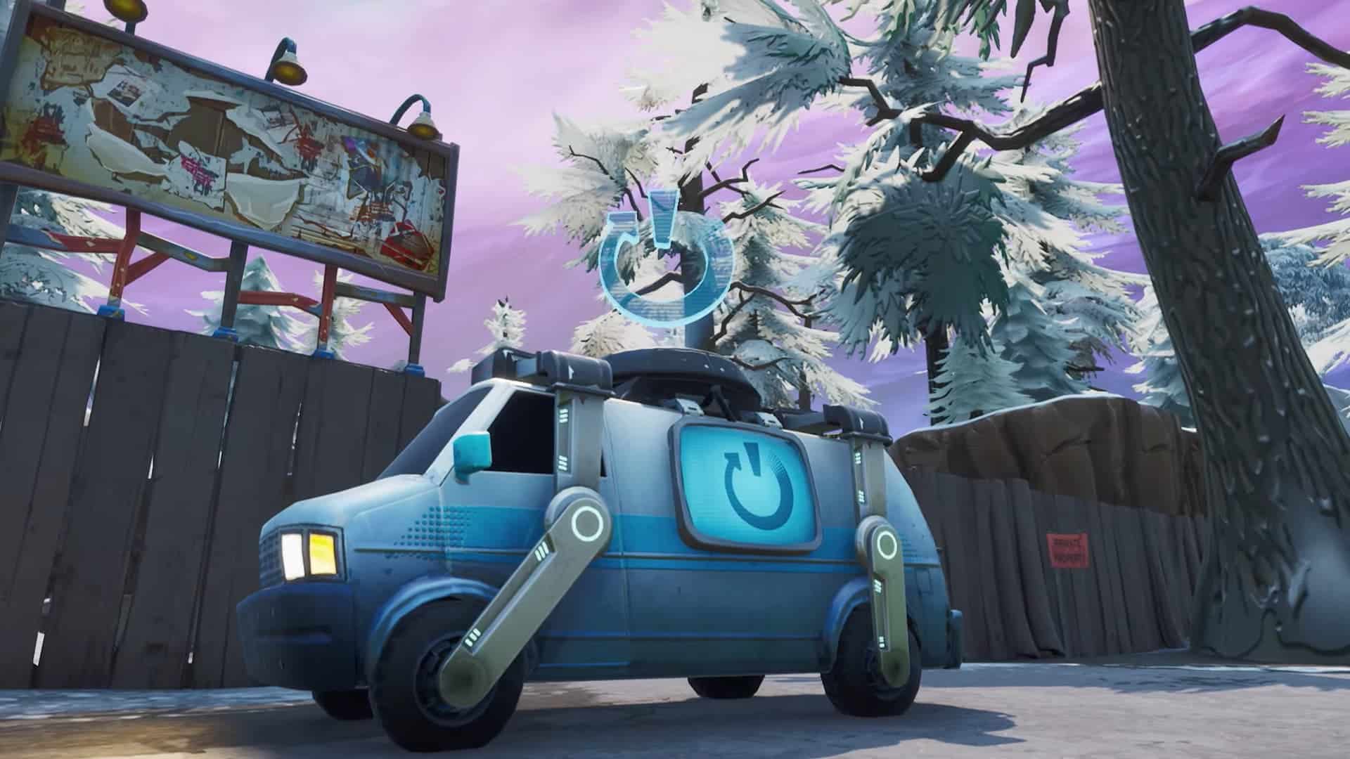 Fortnite scene with a futuristic blue van featuring a holographic power symbol