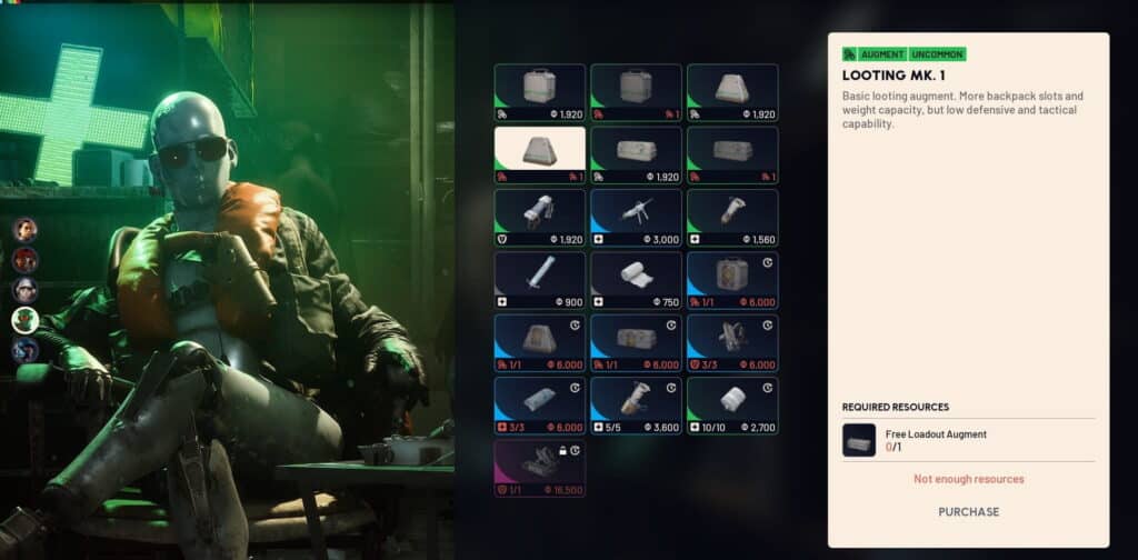 In Arc Raiders sitzt ein gepanzerter Charakter mit Sonnenbrille lässig in einem schwach beleuchteten Raum mit grüner Neonbeleuchtung. Ein Spielinventarmenü zeigt verschiedene Gegenstände an und bietet a "Plünderung von Mk. 1" Kaufoption