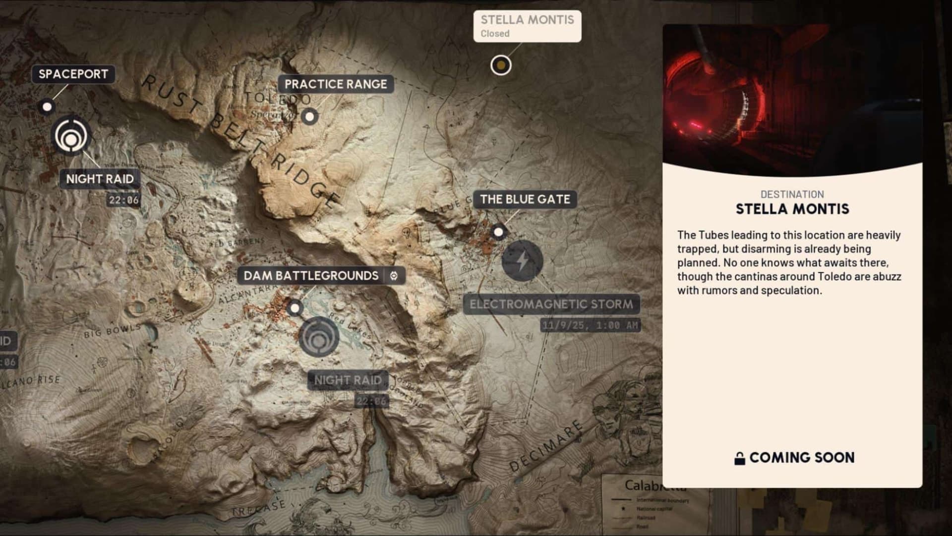 Karte von Arc Raiders mit markierten Orten wie Spaceport und Dam Battlegrounds