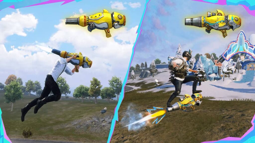 Geteiltes Bild, das Spieler in PUBG zeigt, die gelbe Jetpack-Geräte verwenden