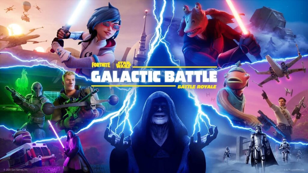 Poster crossover tra Fortnite e Star Wars intitolato "Battaglia galattica: Battaglia reale" mostrando personaggi con armi, astronavi e fulmini.