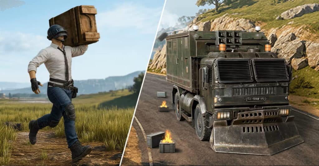 Die PUBG-Szene ist in zwei Teile geteilt. Links: Eine Figur mit Helm und Handschuhen trägt eine Kiste über eine Wiese. Rechts: ein großer gepanzerter Lastwagen auf einer Straße