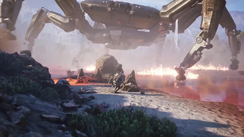 A futuristic scene with a lone figure running towards a giant mechanical spider-like robot in Arc Raiders
