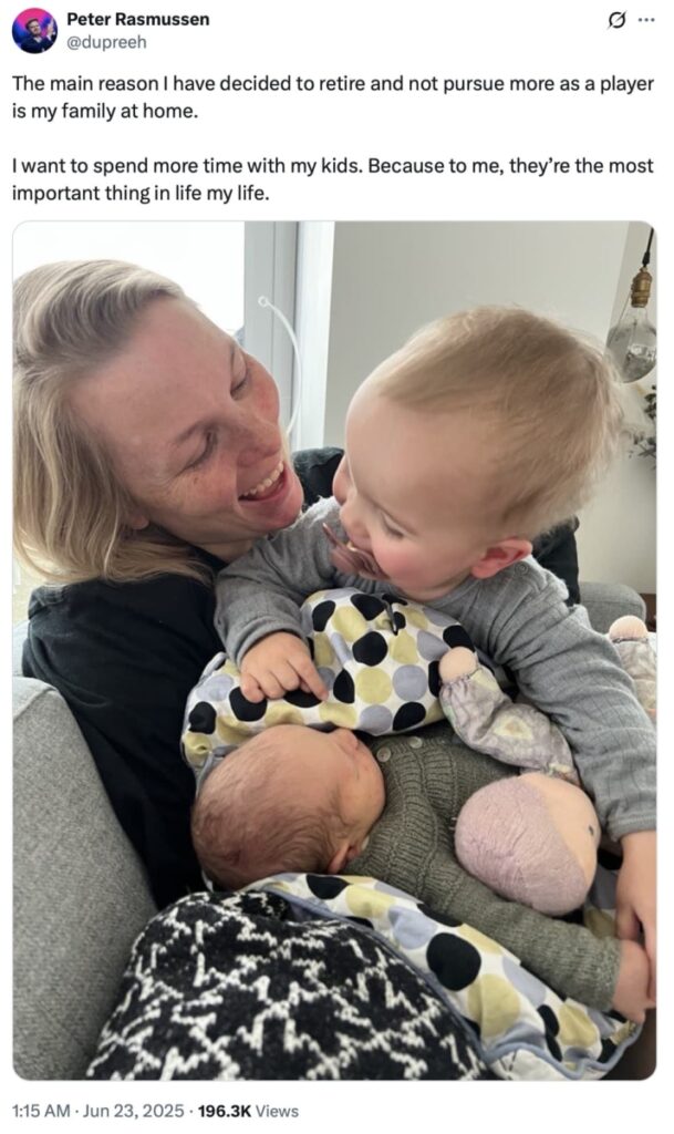 A smiling adult holding a baby and a toddler, conveying warmth and family happiness. The post emphasizes prioritizing family time