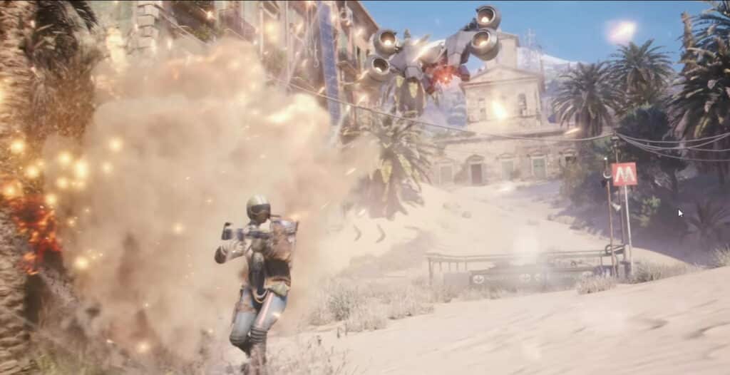 A soldier in futuristic armor runs from an explosion on a sandy, palm-lined street in Arc Raiders