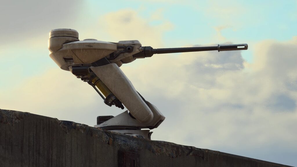 A robotic turret is mounted on a concrete surface, aiming towards the horizon against a cloudy sky in Arc Raiders