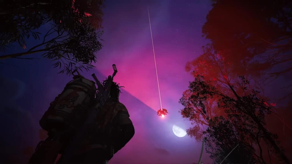 A figure in futuristic gear observes a glowing object descending through a vibrant purple and red night sky in Arc Raiders
