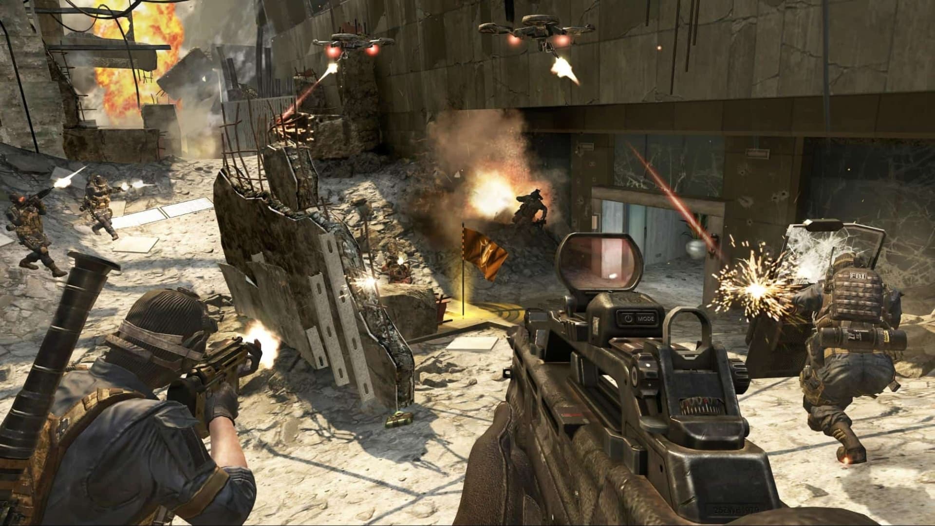 A chaotic firefight scene from Black Ops 2 features soldiers in tactical gear amidst explosions