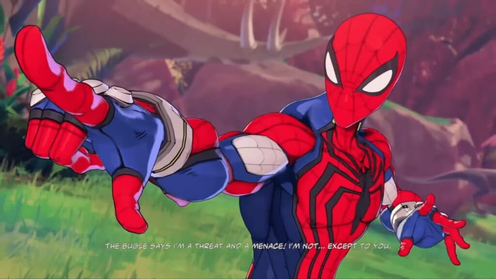 Spider-Man punta i suoi lancia-ragnatele mentre fa uno scherzo durante un combattimento nella seconda beta chiusa di Marvel Tōkon Fighting Souls.