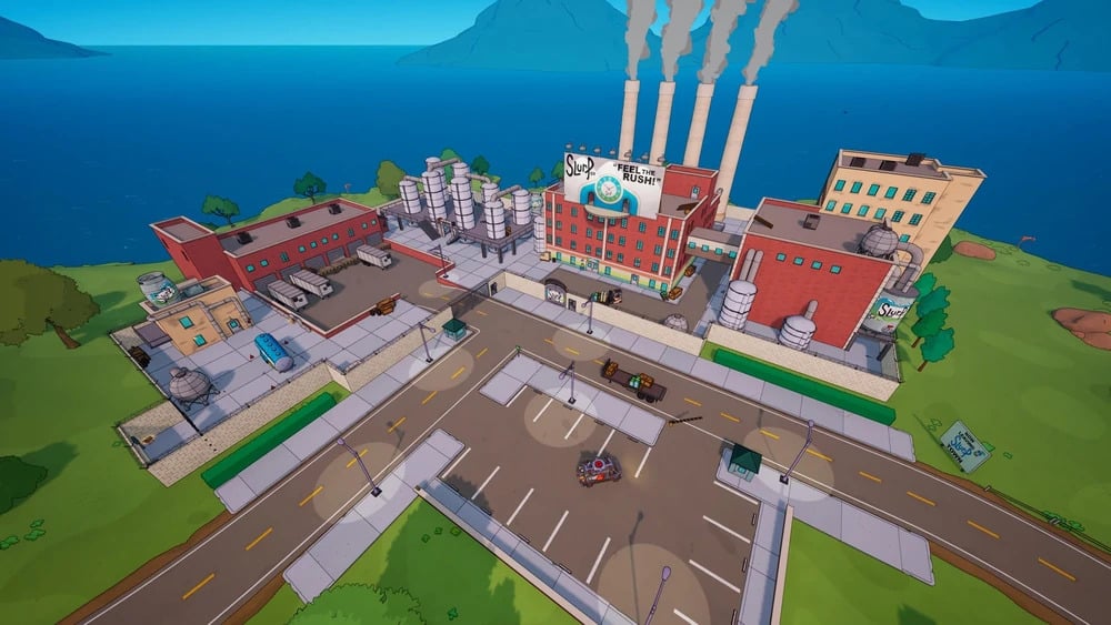 Industriekomplex mit roten Backsteingebäuden in Fortnite x Simpsons