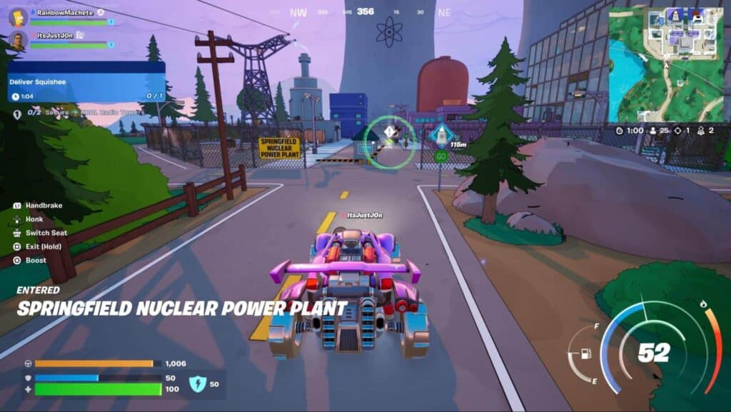 Fortnite scene showing a colorful car driving towards the Springfield Nuclear Power Plant
