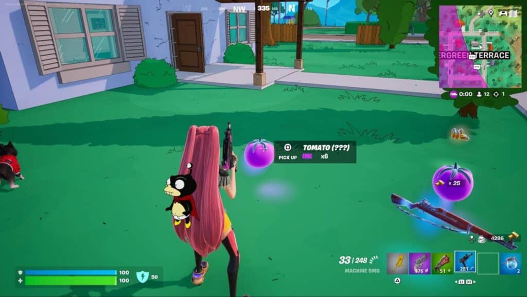 Um personagem com longos cabelos rosa e uma mochila de desenho animado em Fortnite fica na grama perto de tomates roxos brilhantes