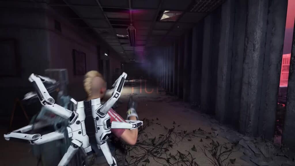 A person with a mohawk and robotic backpack walks through a dimly lit, damaged hallway in Arc Raiders