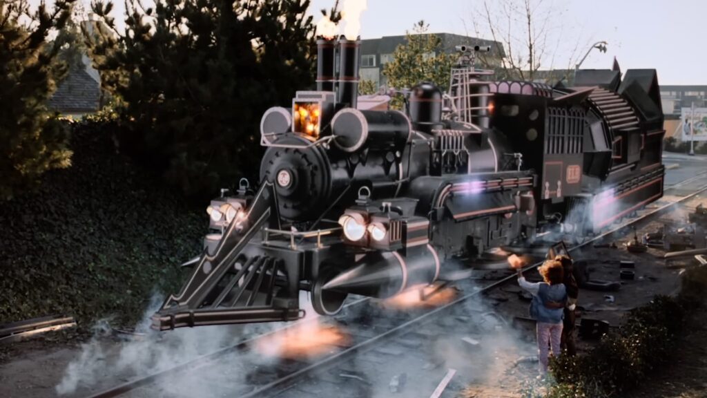L'immagine mostra il “Treno del Tempo” di Jules Verne dal film Ritorno al futuro III.