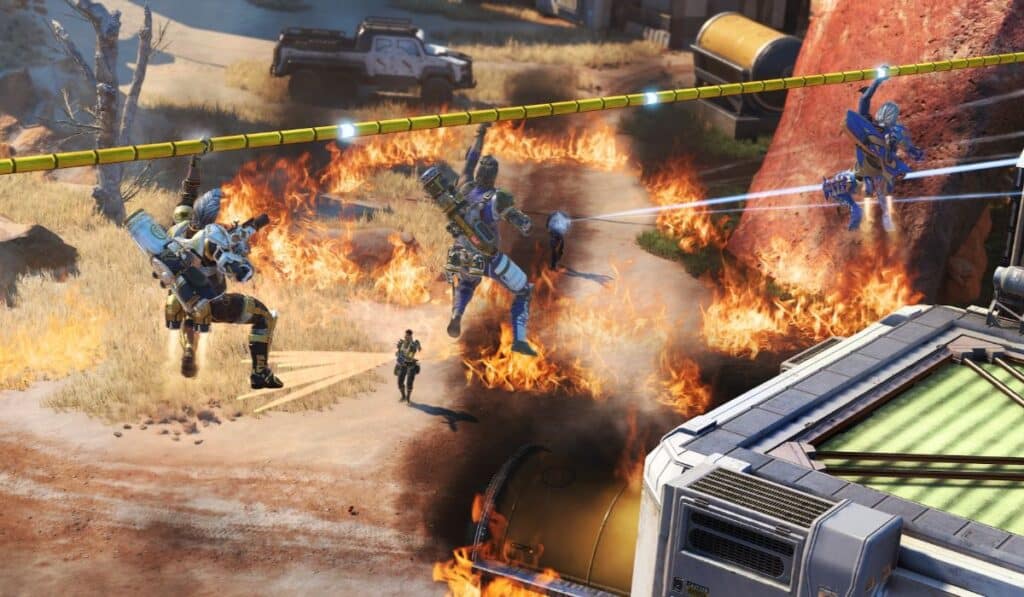 Apex Legends-Charaktere nutzen eine Seilrutsche