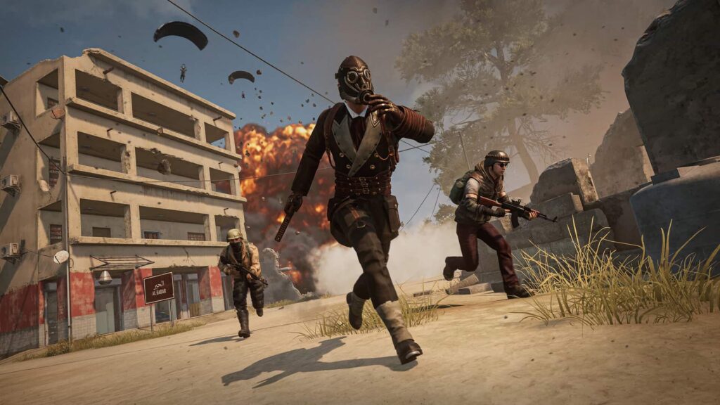 PUBG-Laufszene mit Explosion im Hintergrund