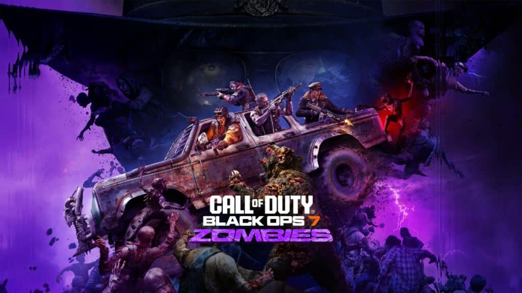 Das Bild zeigt Charaktere, die in einer intensiven, dunklen Szene aus einem Auto heraus gegen Zombies kämpfen. Der "Call of Duty Black Ops 7: Zombies" Das Logo ist unten zentriert