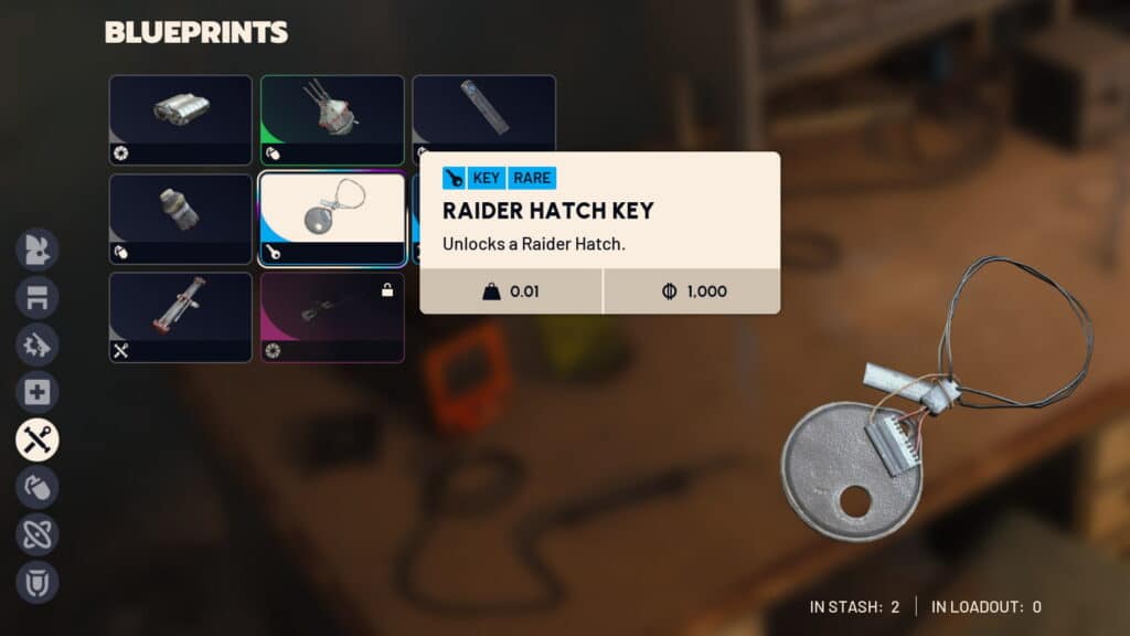 La schermata del progetto di Arc Raiders visualizza a "chiave del portello del predone," etichettato come raro