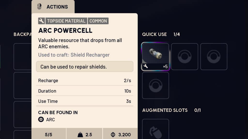 Schermata dell'inventario di Arc Raiders che mostra i dettagli di un Arc Powercell