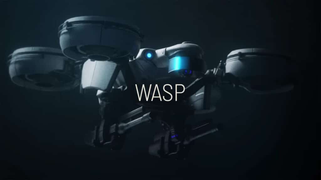 A futuristic drone named "WASP" hovers against a dark background in Arc Raiders