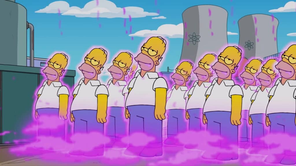 Eine Gruppe von Homers Simpsons steht in einer Reihe, umgeben von violettem Nebel, in der Nähe von Kühltürmen