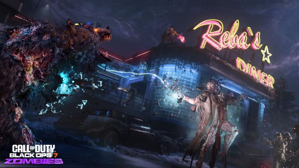 In Black Ops 7 liefern sich ein wilder Bärenzombie und ein gekleideter Zombie nachts in der Nähe eines alten Restaurants einen Kampf mit elektrischer Energie