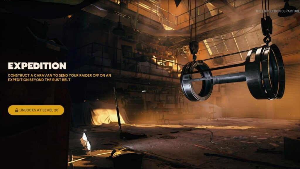 Arc Raiders-Screenshot mit Industriewerkstatt mit Hängekran und Werkzeugen. Text liest "EXPEDITION" Und "Wird auf Level 20 freigeschaltet"