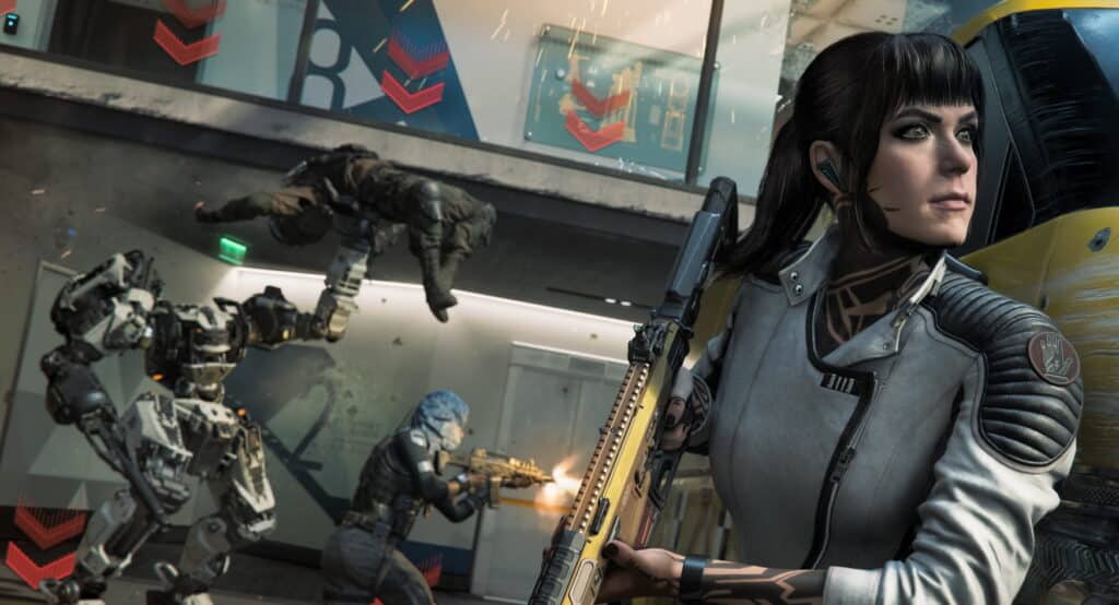 Black Ops 7-Szene mit einer fokussierten Frau, die ein Gewehr hält, einem Roboter im Kampf und einem Verbündeten, der eine Waffe abfeuert