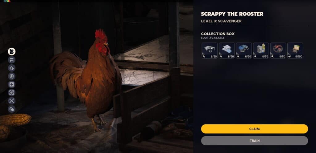 Arc Raiders-Bildschirm mit Hahn namens Scrappy steht in einer Scheune