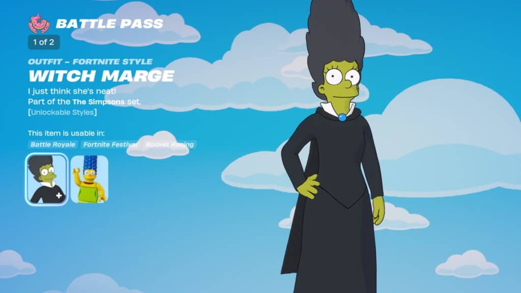 Fortnite x Simpsons character screen with Witch Marge