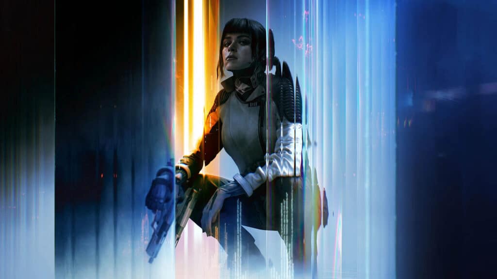 Image of Call of Duty Black Ops 7 player crouched while holding a pistol on a multicoloured background