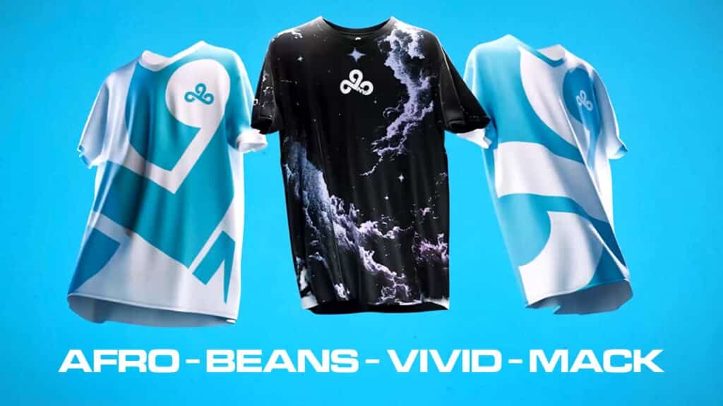 Image of Cloud9 New York jerseys on a light blue background. The centre jersey is black with a night sky pattern and the Cloud9 logo in the middle.