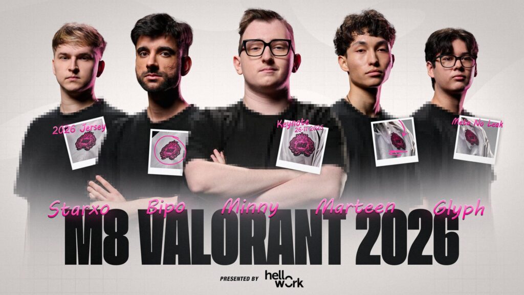 Image of Gentle Mates VALORANT roster posing on a grey background