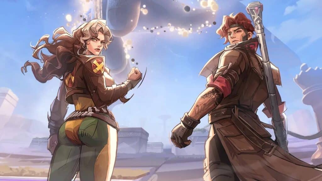 Marvel Rivals characters stand confidently with determined expressions, gazing up at a large structure