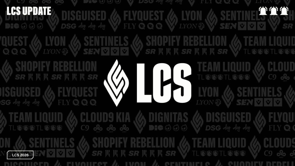 Image of white LCS logo on a black background. The names of the teams competing in the LCS are also in the background