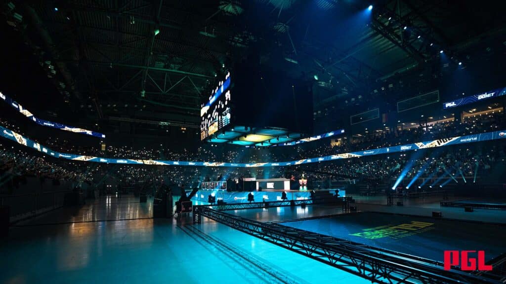 Image of PGL Counter-Strike esports stage illuminated by white lights
