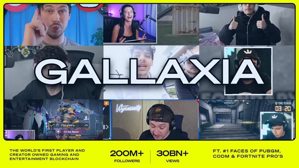 Image of content creators playing games in the background of the Gallaxia logo