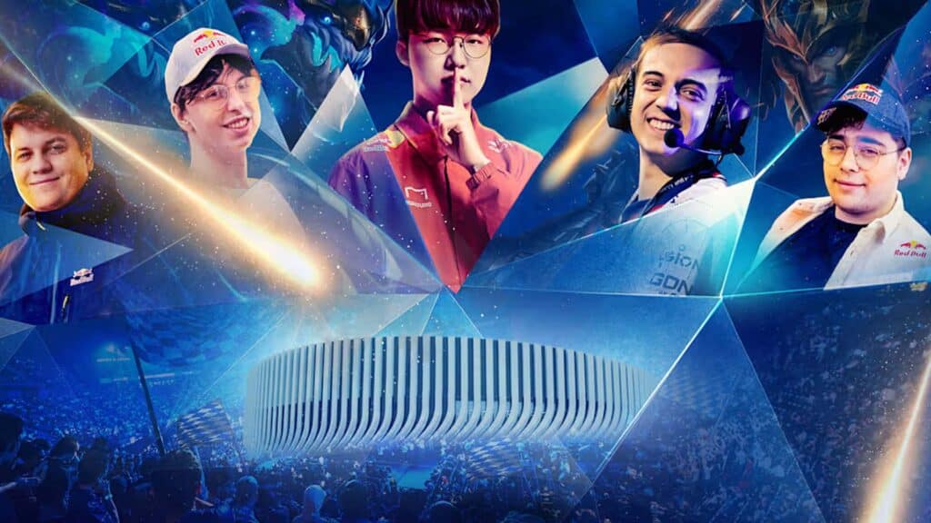 Image of Red Bull League of Its Own players and streamers above a stadium on a blue background