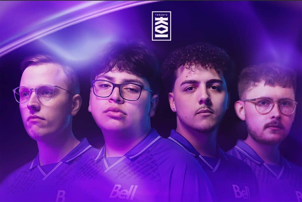 Toronto KOI CDL Call of Duty League roster wearing jerseys on a smoky purple background