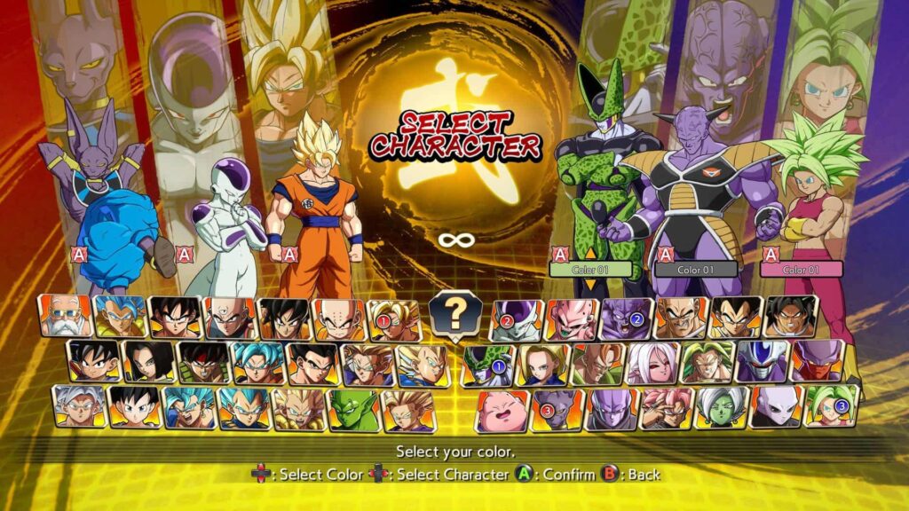 Der im Bild gezeigte Charakterauswahlbildschirm stammt aus dem beliebten Kampfspiel Dragon Ball FighterZ