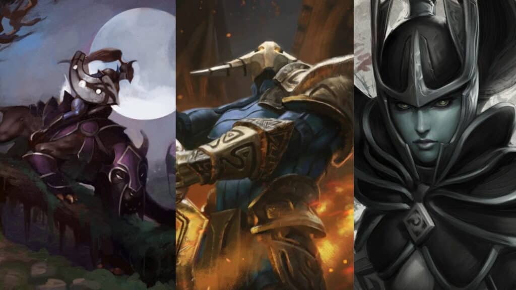 A imagem mostra personagens do jogo Dota 2: Phantom Assassin (esquerda), Sven (centro) e outra imagem de Phantom Assassin (direita)